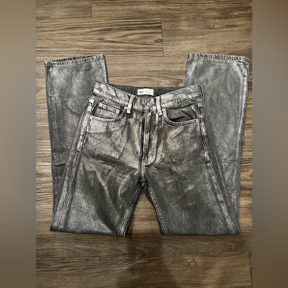 Zara Metallic Silver Flare & Wide Leg Jeans